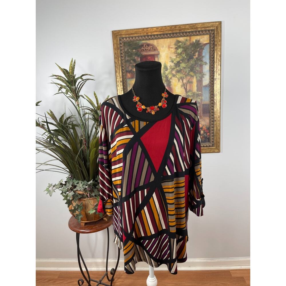 Cato Tunic Top Womens XL Multi Geometric 3/4 Roll Tab Sleeve Art Deco Vibrant